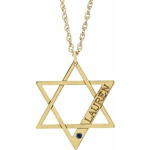 14K Yellow Gold-Plated Sterling Silver Personalized Imitation Blue Sapphire Star of David 16" Necklace