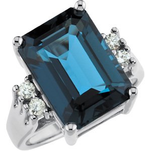 14K White Gold Natural London Blue Topaz & 1/6 CTW Natural Diamond Ring