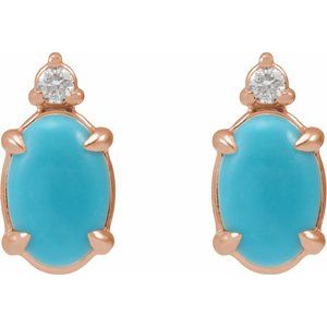 14K Rose Gold 6x4 mm Natural Turquoise Cabochon & .03 CTW Natural Diamond Earrings – image 2