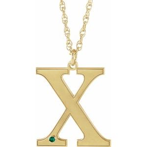 10K Yellow Gold Engravable Imitation Emerald Initial X 16" Necklace