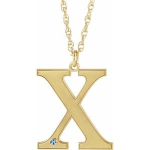 14K Yellow Gold Engravable Imitation Aquamarine Initial X 16" Necklace