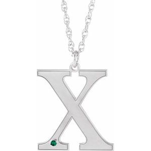 10K White Gold Engravable Imitation Emerald Initial X 16" Necklace