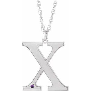 10K White Gold Engravable Imitation Amethyst Initial X 16" Necklace