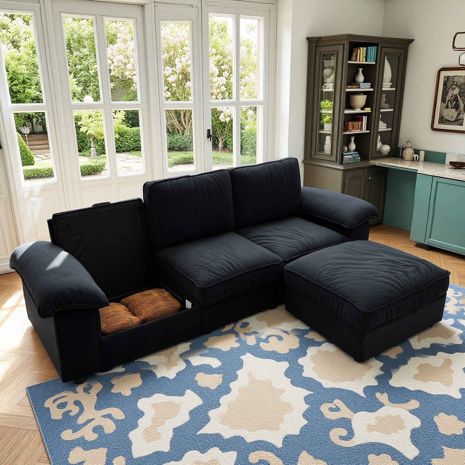 FX-P20M-3S0-BK (3S&Ottoman SOFA)105.5inch Upholstered L-Shaped Sectional Sofa with Storage , Modern Fabric Couch with Deep Cushions, Space-Saving Sofa for Apartment & Living Room