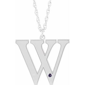 Rhodium-Plated Sterling Silver Engravable Imitation Alexandrite Initial W 16" Necklace