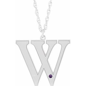 14K White Gold Engravable Imitation Amethyst Initial W 16" Necklace