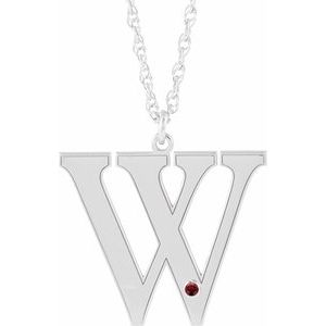 10K White Gold Engravable Imitation Mozambique Garnet Initial W 16" Necklace