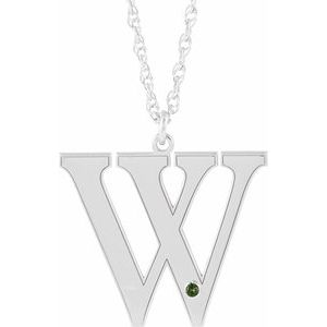Rhodium-Plated Sterling Silver Engravable Imitation Peridot Initial W 16" Necklace