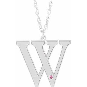 10K White Gold Engravable Imitation Pink Tourmaline Initial W 16" Necklace