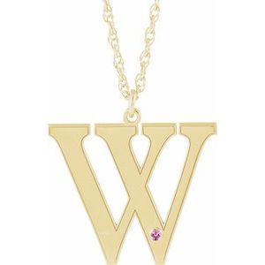 14K Yellow Gold-Plated Sterling Silver Engravable Imitation Pink Tourmaline Initial W 16" Necklace