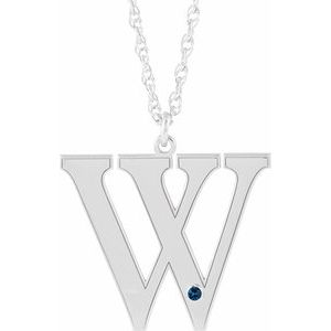 Rhodium-Plated Sterling Silver Engravable Imitation Blue Sapphire Initial W 16" Necklace