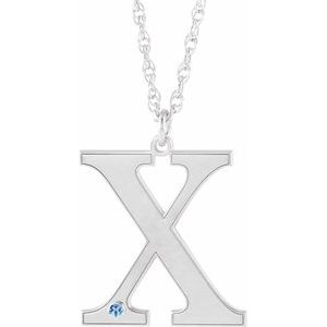 10K White Gold Engravable Imitation Aquamarine Initial X 16" Necklace