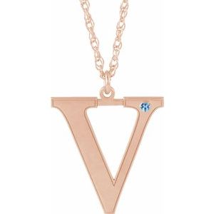 14K Rose Gold-Plated Sterling Silver Engravable Imitation Blue Zircon Initial V 16" Necklace