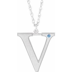 Rhodium-Plated Sterling Silver Engravable Imitation Blue Zircon Initial V 16" Necklace