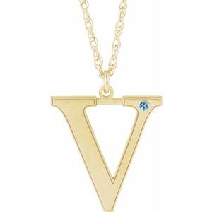 14K Yellow Gold Engravable Imitation Blue Zircon Initial V 16" Necklace
