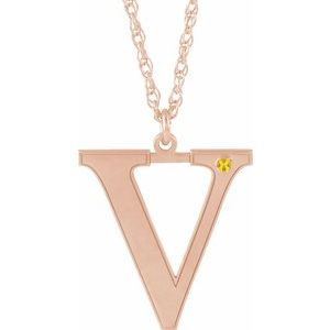 14K Rose Gold Engravable Imitation Citrine Initial V 16" Necklace
