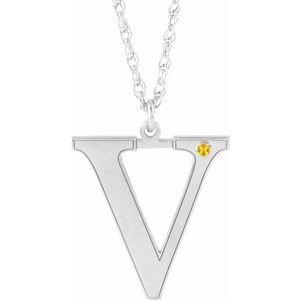 14K White Gold Engravable Imitation Citrine Initial V 16" Necklace