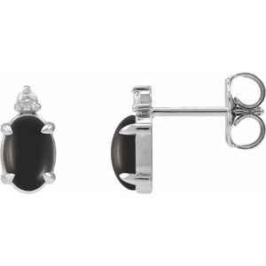 Sterling Silver 6x4 mm Natural Black Onyx Cabochon & .03 CTW Natural Diamond Earrings