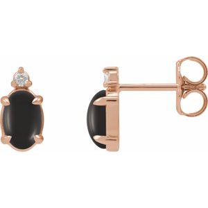 14K Rose Gold 8x6 mm Natural Black Onyx Cabochon & .03 CTW Natural Diamond Earrings