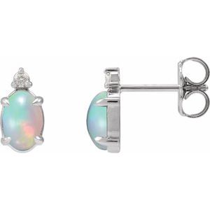 14K White Gold 6x4 mm Natural Ethiopian Opal Cabochon & .03 CTW Natural Diamond Earrings