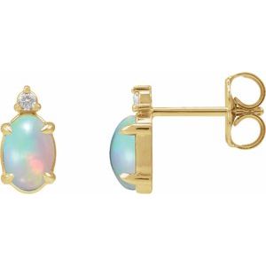 14K Yellow Gold 6x4 mm Natural Ethiopian Opal Cabochon & .03 CTW Natural Diamond Earrings