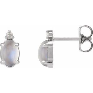 Platinum 8x6 mm Natural Rainbow Moonstone Cabochon & .03 CTW Natural Diamond Earrings