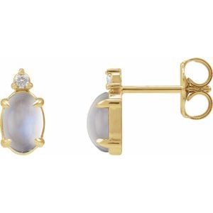 14K Yellow Gold 6x4 mm Natural Rainbow Moonstone Cabochon & .03 CTW Natural Diamond Earrings