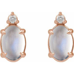 14K Rose Gold 8x6 mm Natural Rainbow Moonstone Cabochon & .03 CTW Natural Diamond Earrings – image 2
