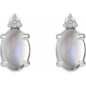 Sterling Silver 6x4 mm Natural Rainbow Moonstone Cabochon & .03 CTW Natural Diamond Earrings – image 2