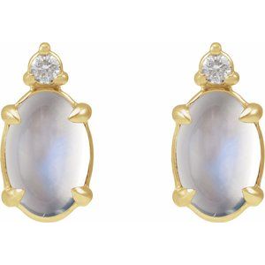 14K Yellow Gold 8x6 mm Natural Rainbow Moonstone Cabochon & .03 CTW Natural Diamond Earrings – image 2