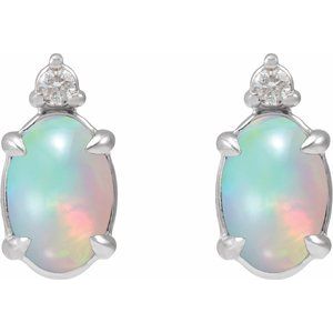 14K White Gold 6x4 mm Natural Ethiopian Opal Cabochon & .03 CTW Natural Diamond Earrings – image 2