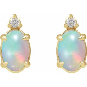 14K Yellow Gold 6x4 mm Natural Ethiopian Opal Cabochon & .03 CTW Natural Diamond Earrings – image 2