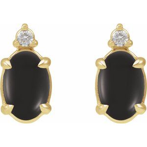 14K Yellow Gold 6x4 mm Natural Black Onyx Cabochon & .03 CTW Natural Diamond Earrings – image 2