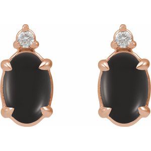 14K Rose Gold 8x6 mm Natural Black Onyx Cabochon & .03 CTW Natural Diamond Earrings – image 2