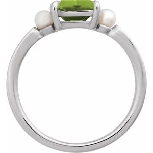 14K White Gold Natural Peridot & Cultured White Akoya Pearl Ring
