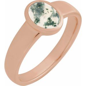 14K Rose Gold Natural Moss Agate Cabochon Ring