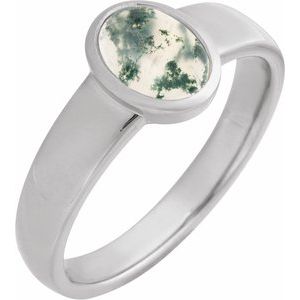 14K White Gold Natural Moss Agate Cabochon Ring