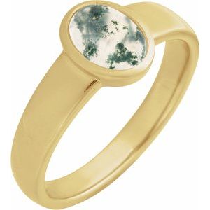 14K Yellow Gold Natural Moss Agate Cabochon Ring