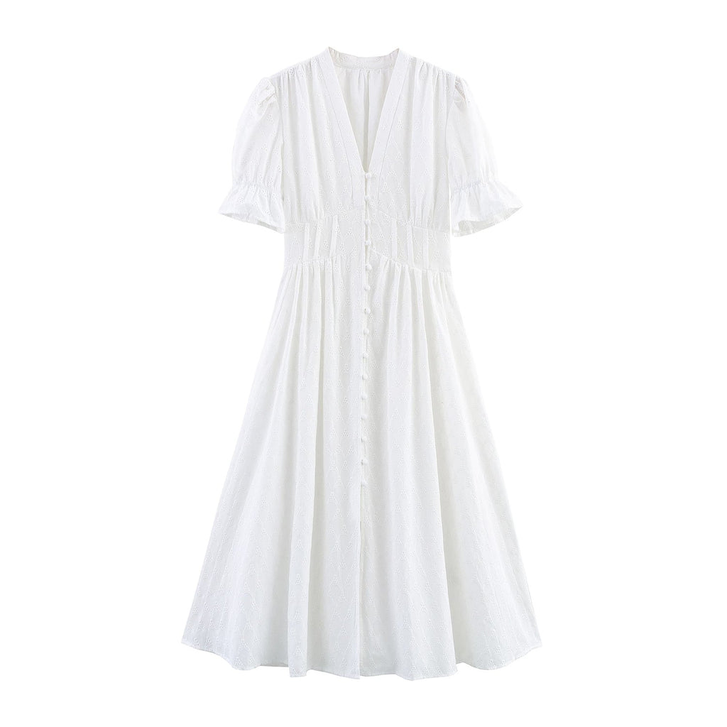 Elegant Hollow Out Cutout Embroidered Waist Slimming V Neckline Breasted Short Sleeve Dress