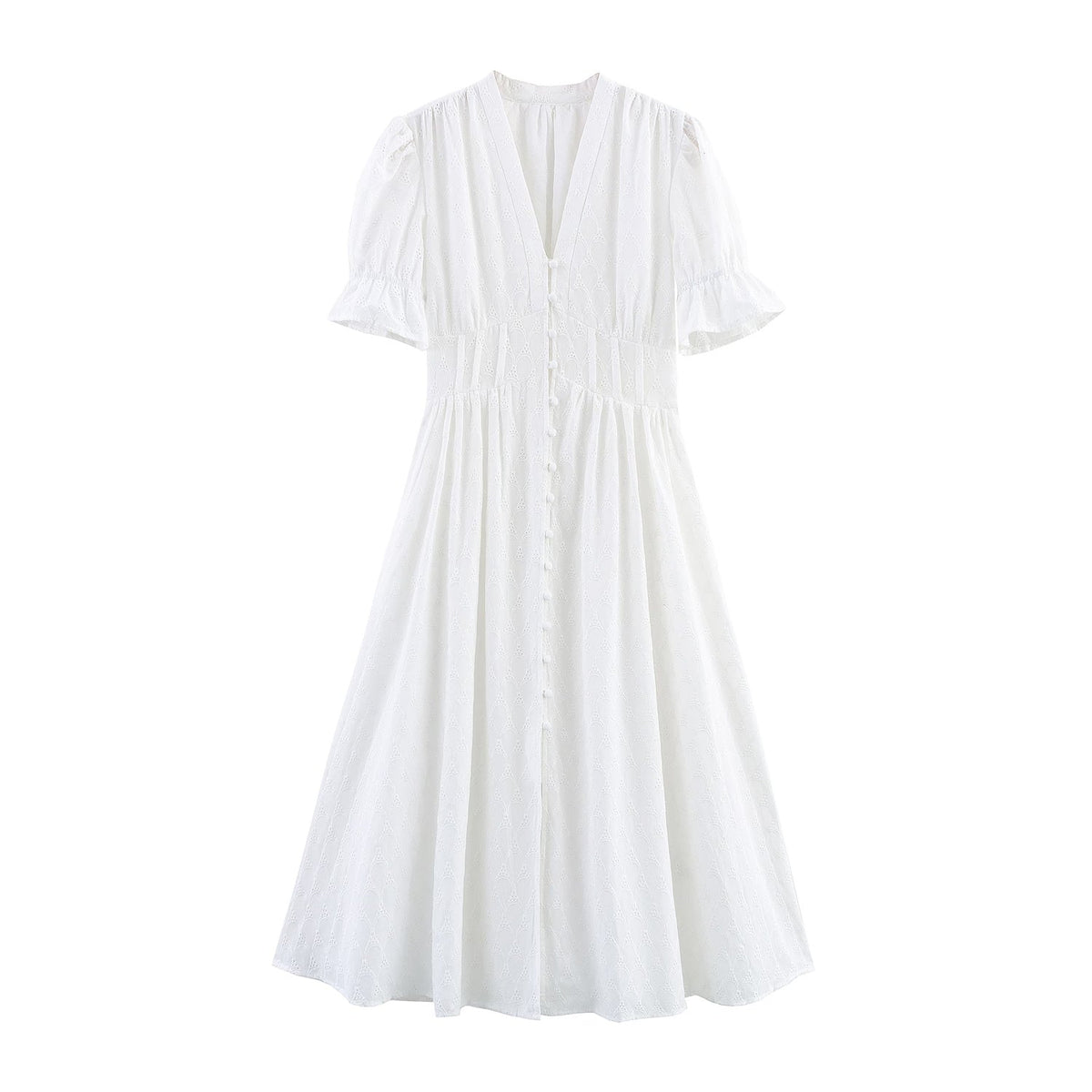 Elegant Hollow Out Cutout Embroidered Waist Slimming V Neckline Breasted Short Sleeve Dress