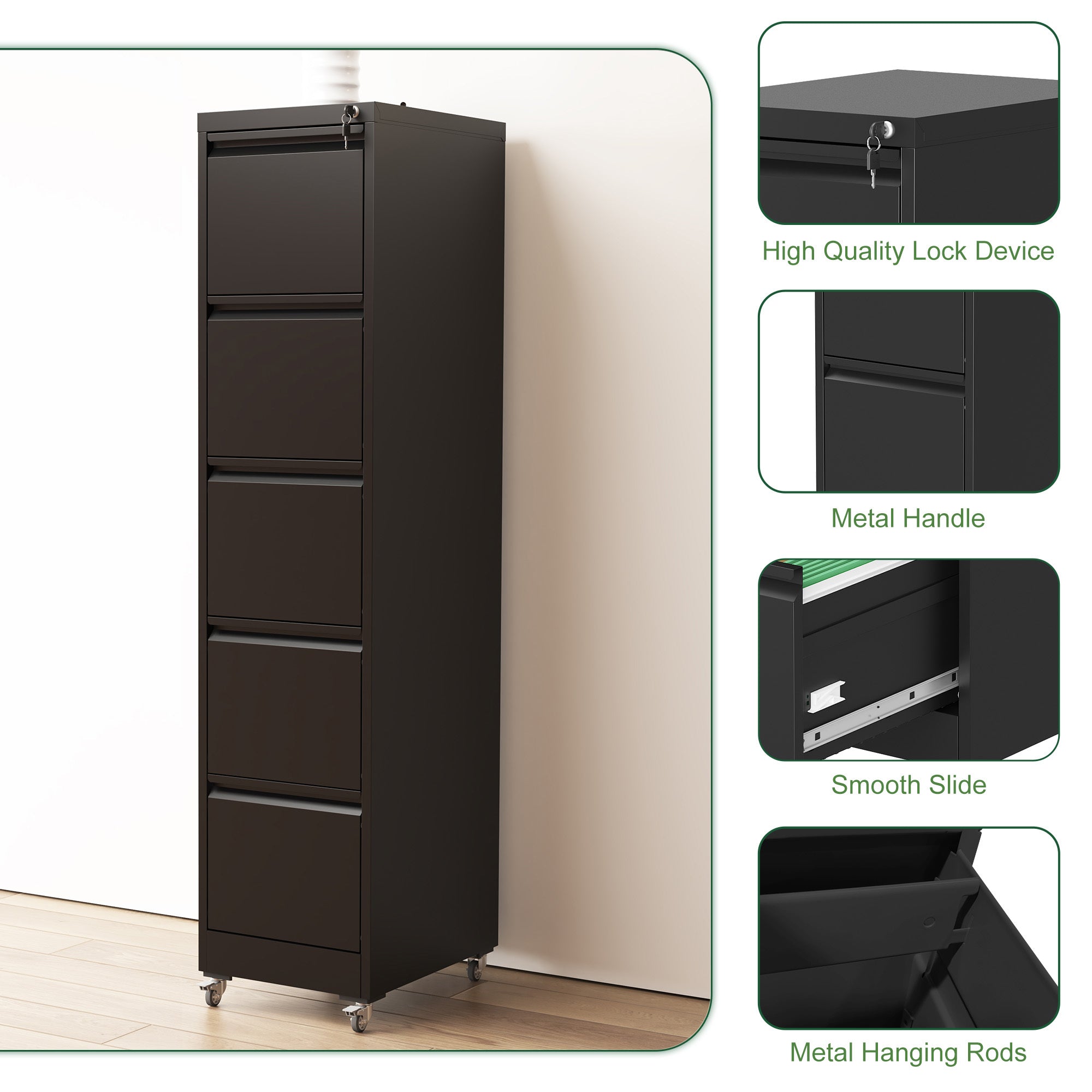 Heavy Duty Black Metal 5 Drawer Vertical File Cabinet with Lock and Wheels for Home Office