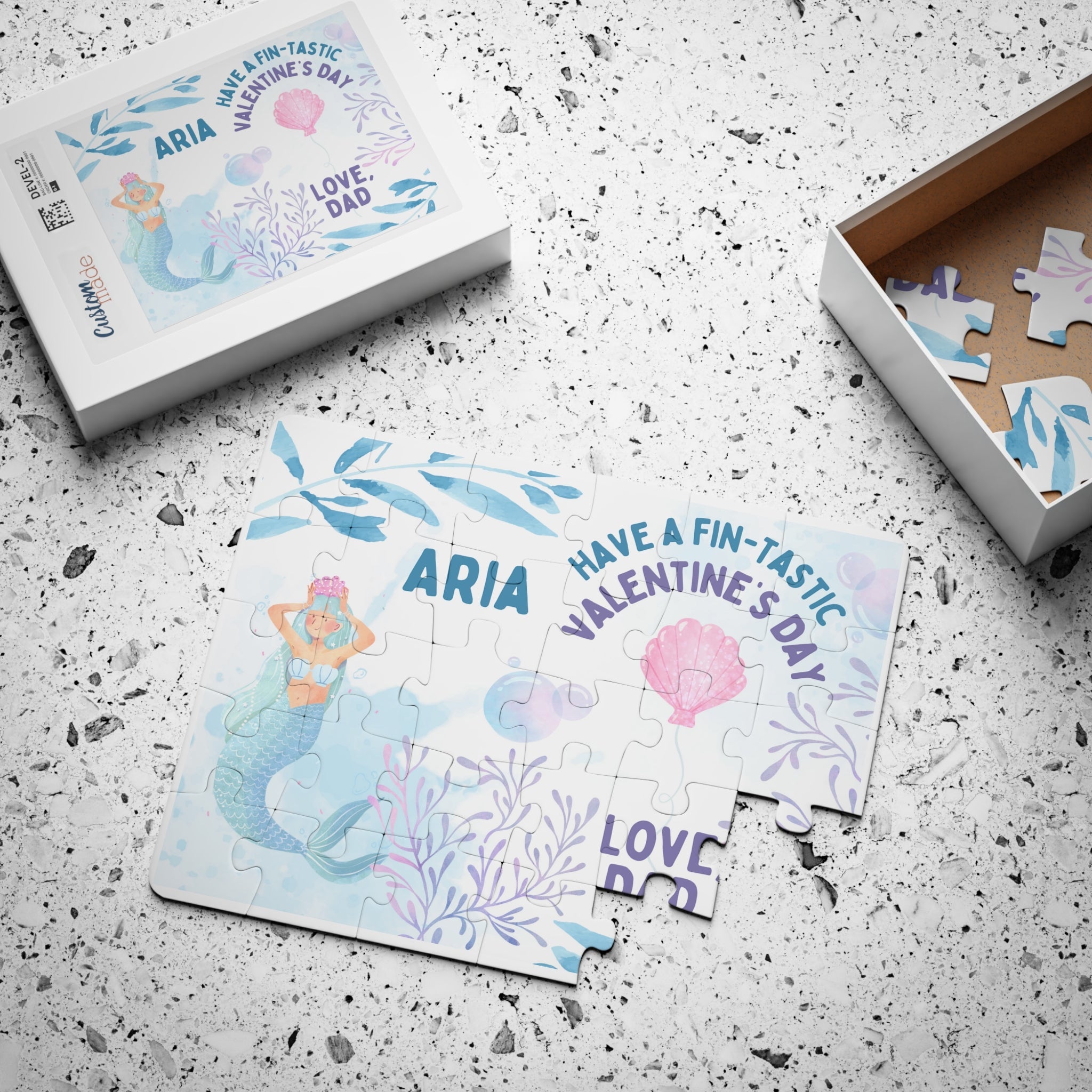 Personalized Kid's 30-Piece Valentine's Day Puzzle - "Have a Fin-Tastic Valentine's Day" Mermaid Theme