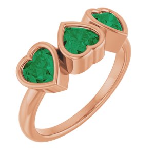 14K Rose Gold Lab-Grown Emerald Three-Stone Heart Ring