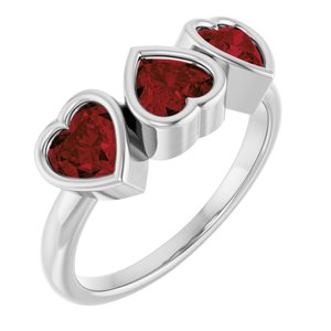 14K White Gold Natural Mozambique Garnet Three-Stone Heart Ring
