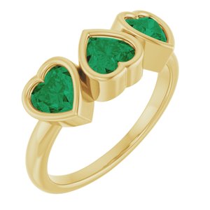 14K Yellow Gold Lab-Grown Emerald Three-Stone Heart Ring