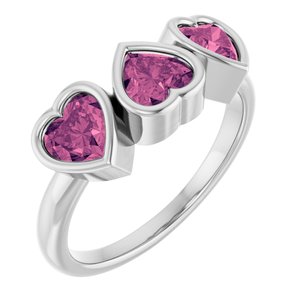 14K White Gold Natural Pink Tourmaline Three-Stone Heart Ring