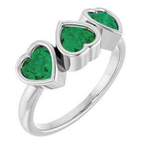 14K White Gold Lab-Grown Emerald Three-Stone Heart Ring