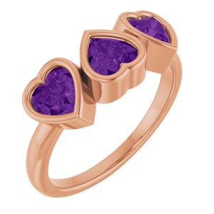 14K Rose Gold Natural Amethyst Three-Stone Heart Ring