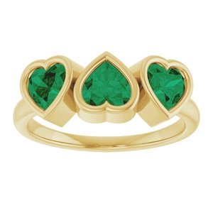 14K Yellow Gold Lab-Grown Emerald Three-Stone Heart Ring