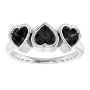Sterling Silver Natural Onyx Three-Stone Heart Ring